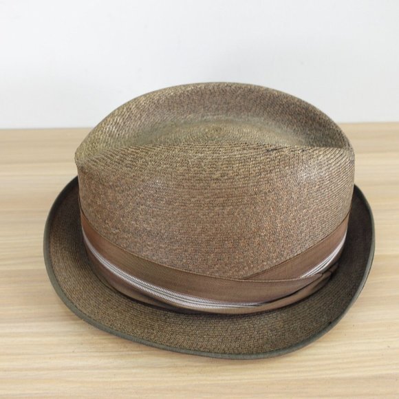 VINTAGE KNOX Hat Adult 7 1/4 Brown Panama Straw Trilby Jazz Cuban Summer 90s - Picture 14 of 16